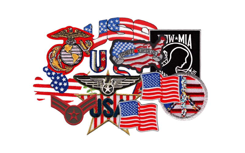 A group of us flags and emblems on a white background.