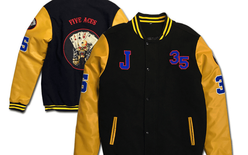A black and yellow varsity jacket with the number 5 on it.