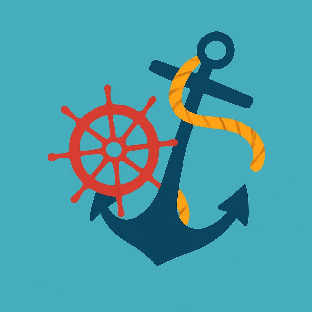 An illustration of a navy blue anchor with a yellow rope, next to a red ship’s steering wheel, on a teal background.