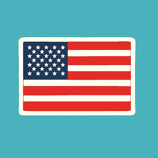 The image shows the flag of the United States with 50 white stars on a blue field and 13 red and white stripes, set against a teal background.