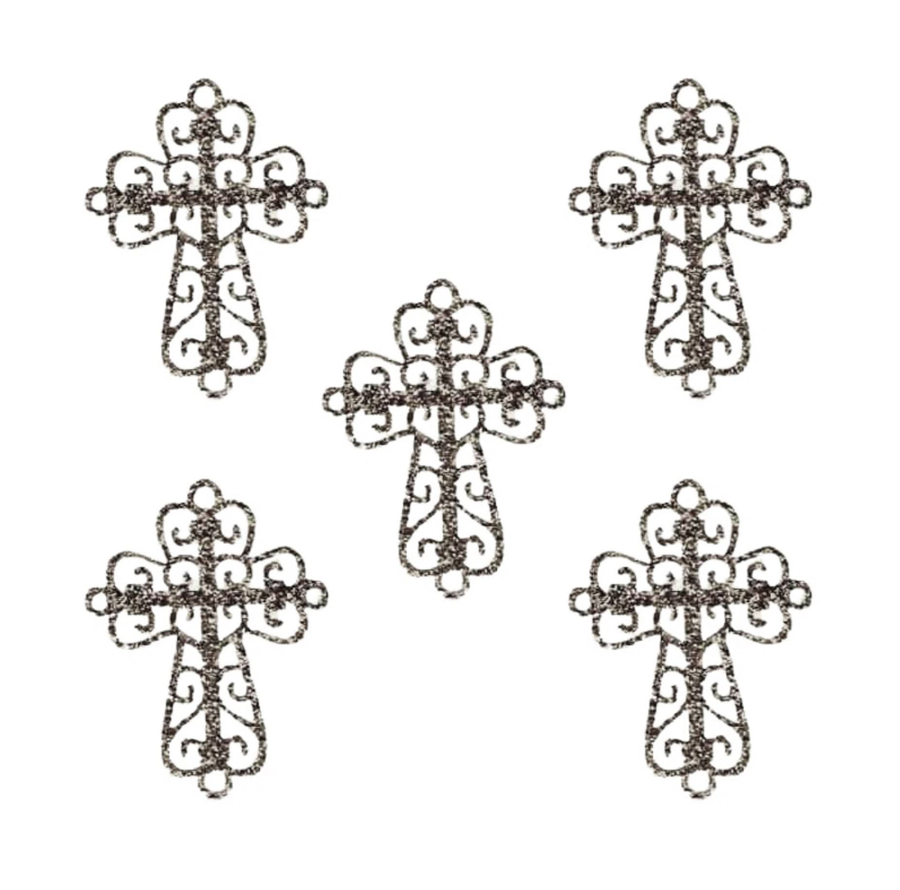 Five Gold Cross Patches (5-Pack), religious embroidered iron-on appliques, are arranged in a symmetrical pattern on a white background.