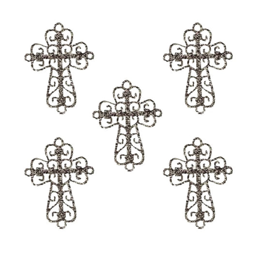 Five Gold Cross Patches (5-Pack), religious embroidered iron-on appliques, are arranged in a symmetrical pattern on a white background.