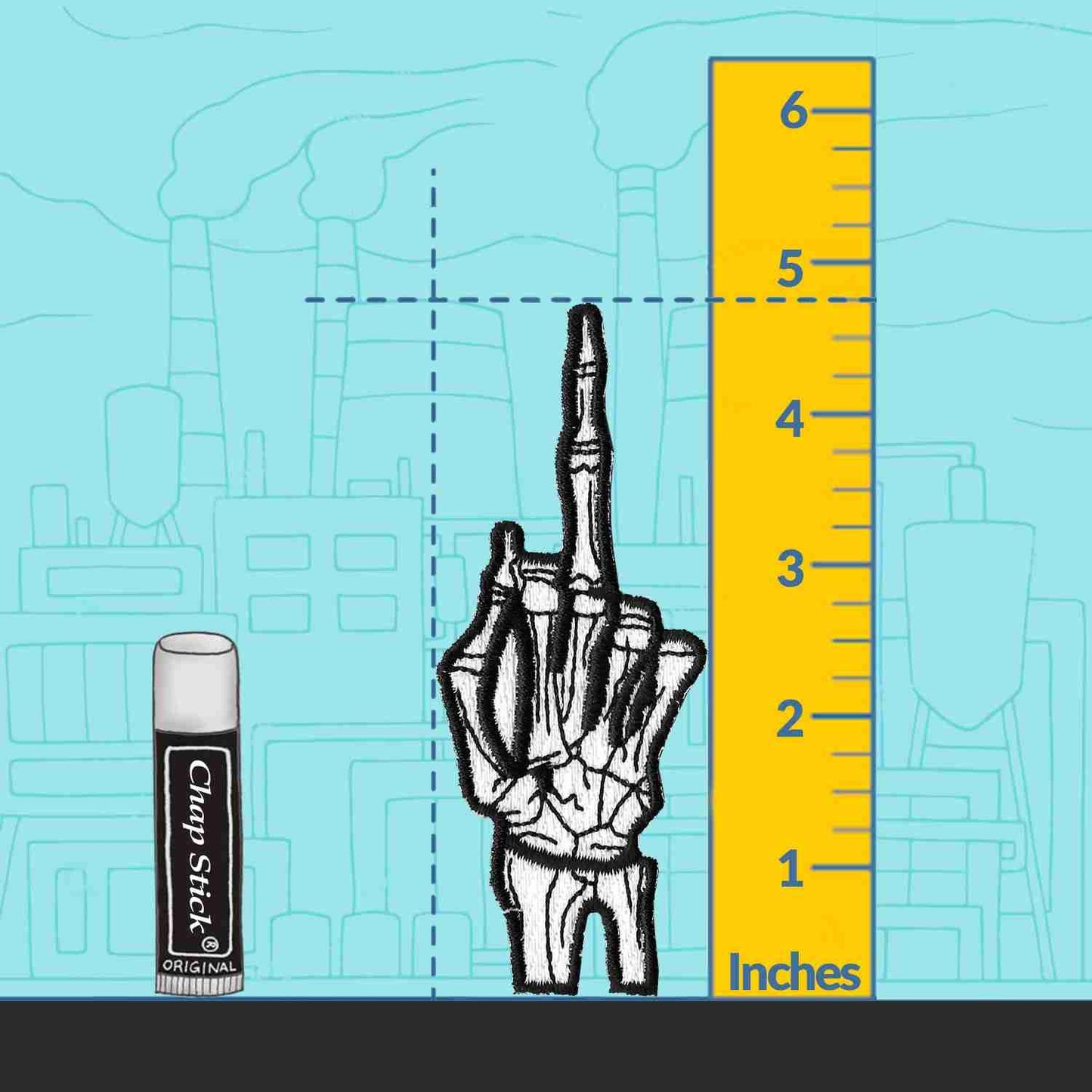 A Skeleton Middle Finger Iron on Patch with a ruler next to it.