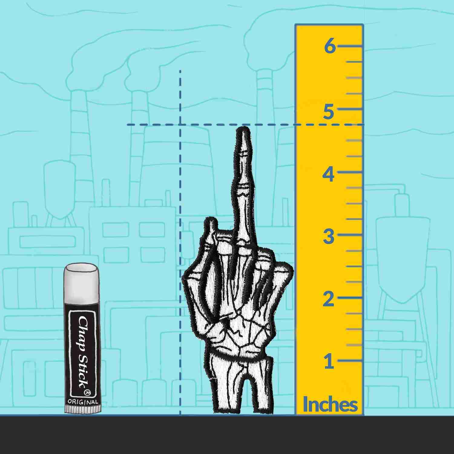 A Skeleton Middle Finger Iron on Patch with a ruler next to it.