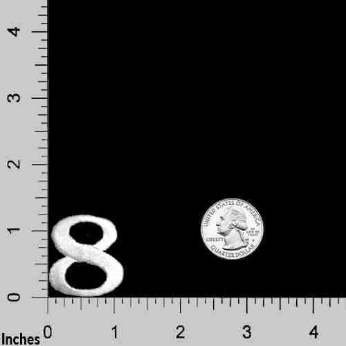 A White 0-9 Iron on Patch 1-1/4"H - Sold Separately with the number 8 and a coin next to it.