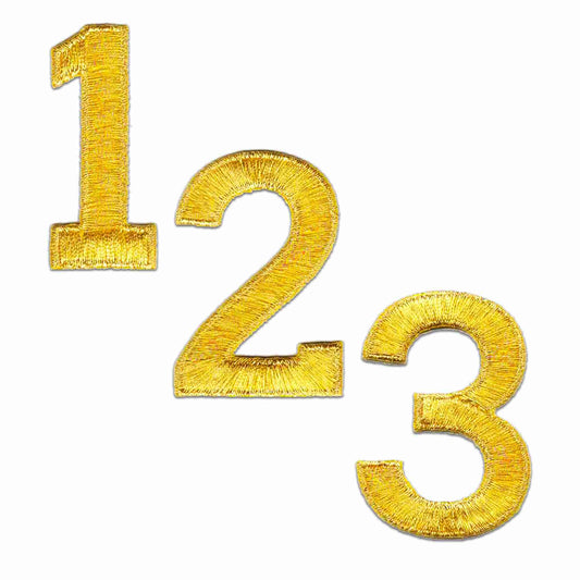 Two Metallic Gold 0-9 Iron On Number Patches - Sold Separately on a white background.