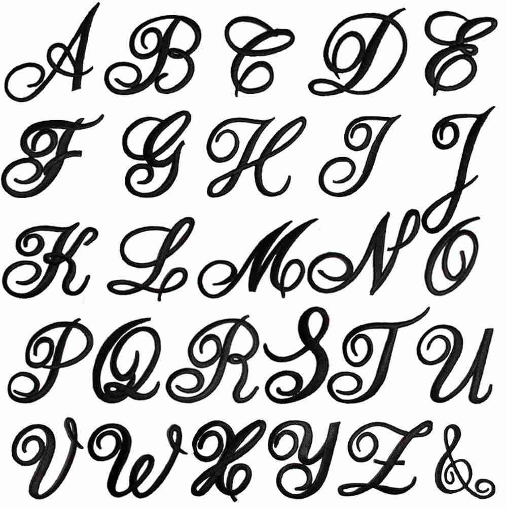 A set of Iron On Script Letter Patches, Monogram Appliques on a white background.
