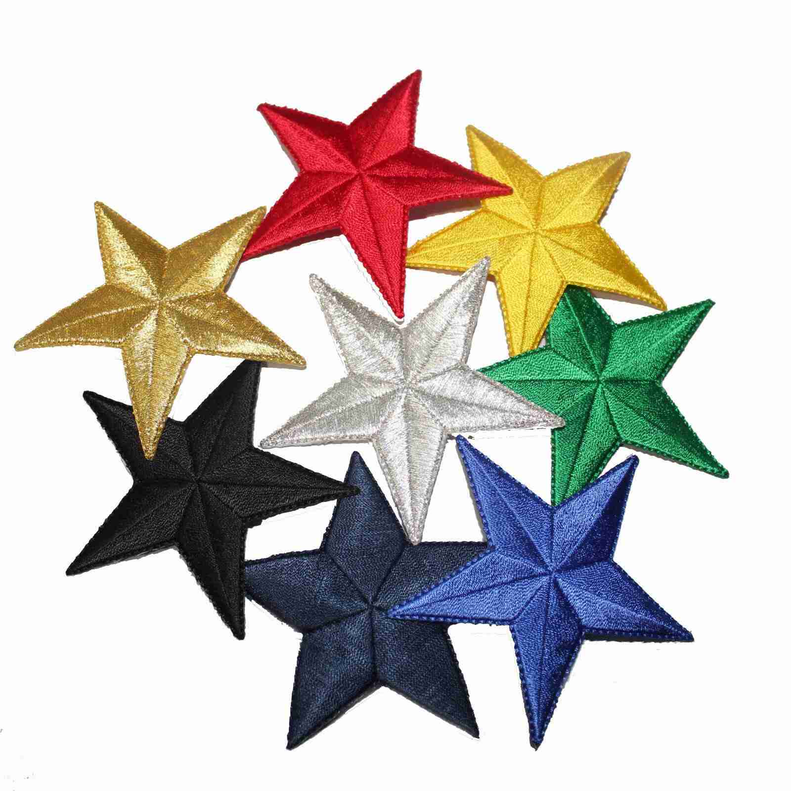 A group of 3 Inch Iron on Star Patches (5 Pack) on a white background.