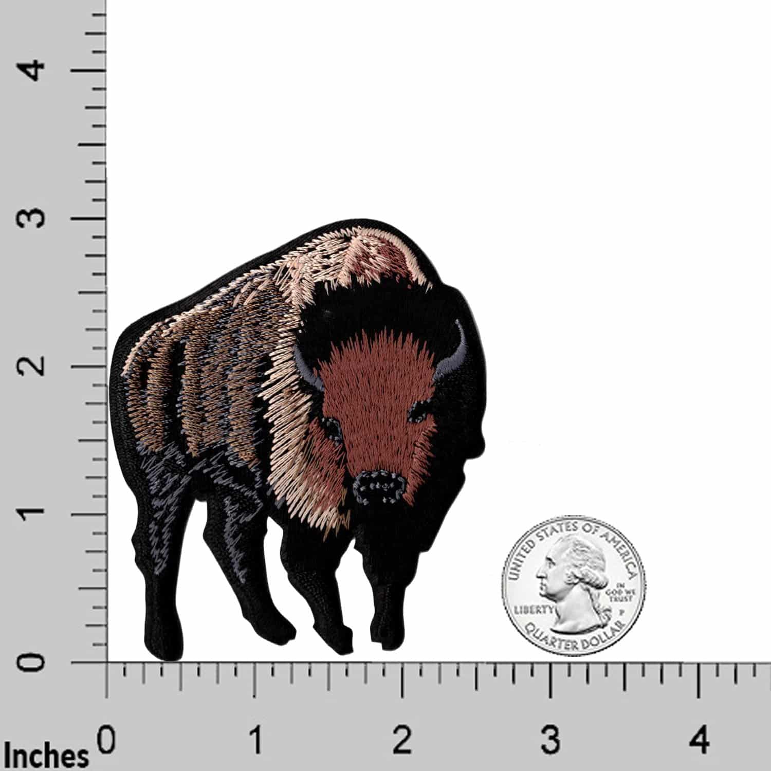 A Buffalo Bison Patches (2-Pack) Western Embroidered Iron On Patch Appliques is shown next to a ruler.