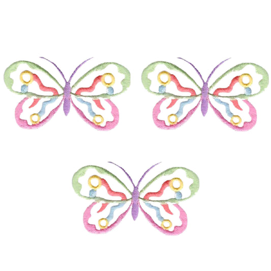 A set of Pastel Butterfly Patches Cut Out (3-Pack) Embroidered Iron On Patches on a white background.