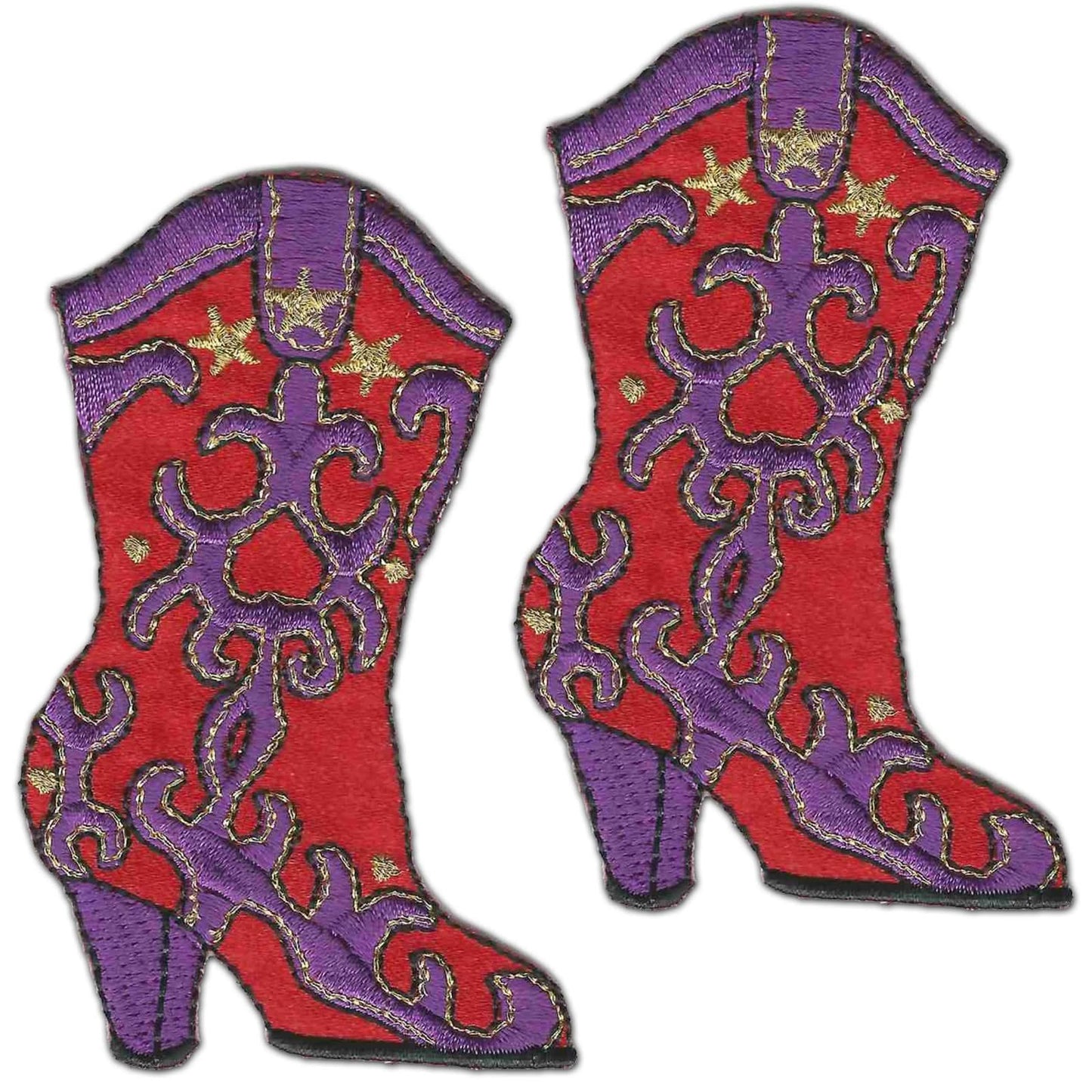 Two Red Hat Lady Cowgirl Boot (2-Pack) Iron On Patch with purple and red stars on them.