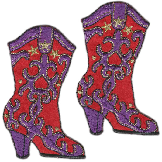 Two Red Hat Lady Cowgirl Boot (2-Pack) Iron On Patch with purple and red stars on them.