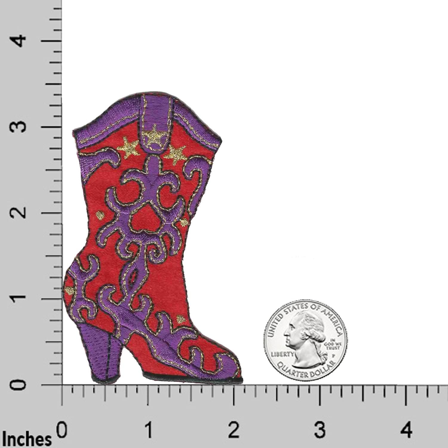 A Red Hat Lady Cowgirl Boot (2-Pack) Iron On Patch is shown next to a ruler.