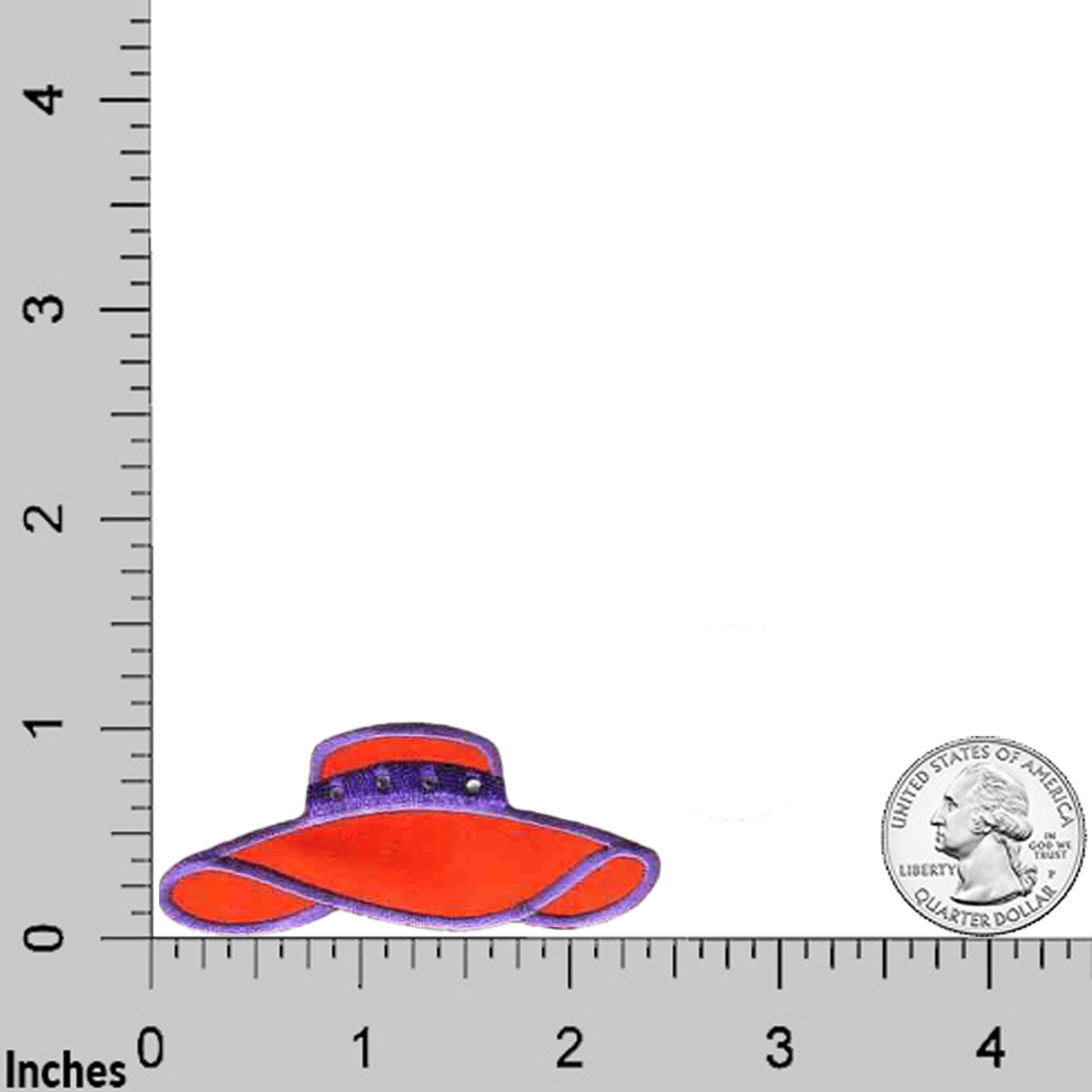 A picture of a Red Hat Patches (5-Pack) Red Hat Lady Embroidered Iron On Patch – Small with a ruler next to it.