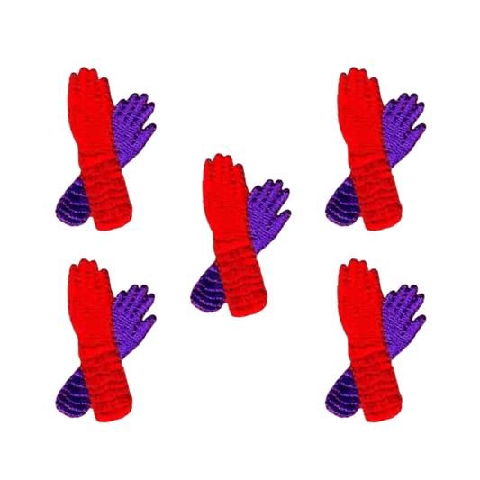 A set of Gloves Patches (5-Pack) Red Hat Lady Embroidered Iron On Patch Applique on a white background.