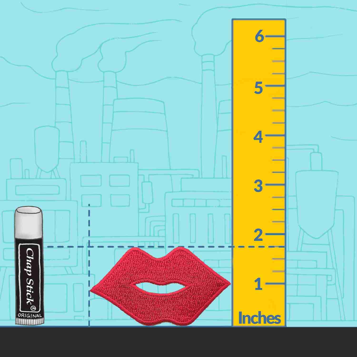 A ruler next to a Red Lips Embroidered (3-Pack) Iron On Patch - Large and a bottle of lip balm.