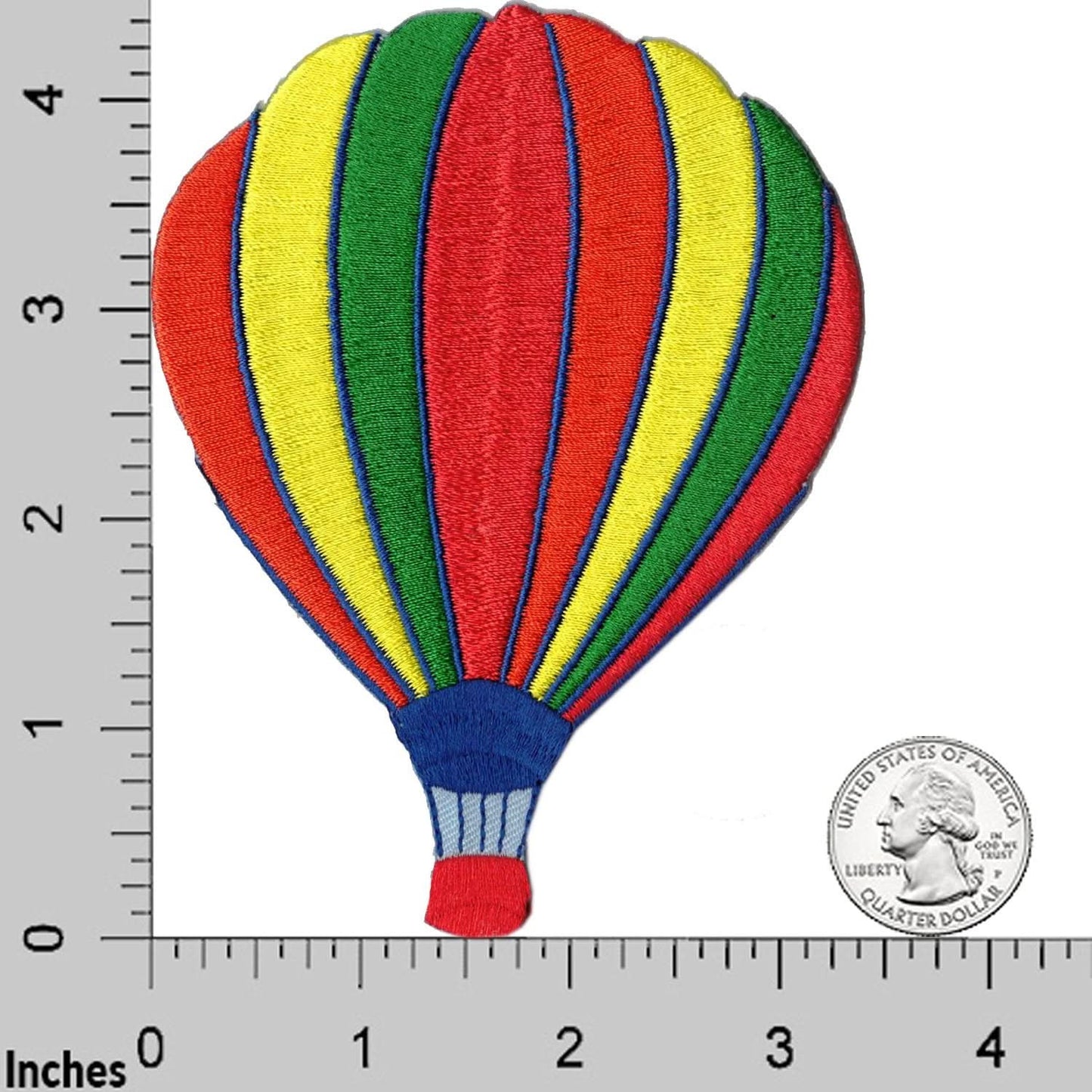 A Large Hot Air Balloon (2-Pack) Iron On Patch - 2 Colors! embroidered on a ruler.