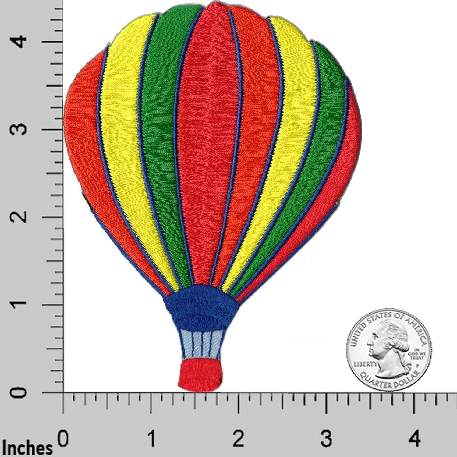 A Large Hot Air Balloon (2-Pack) Iron On Patch - 2 Colors! embroidered on a ruler.