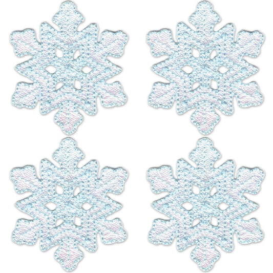 The Laughing Lizards Blue Snowflake Patches (4-Pack) are embroidered iron-on appliques in light blue and white, arranged in a grid on a white background—perfect for Christmas crafts or as festive holiday patches.