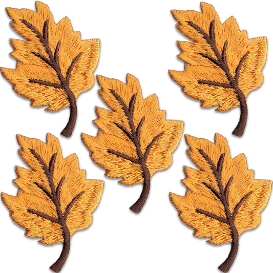 The Laughing Lizards Fall Leaves Patches (5-Pack) are embroidered Halloween iron-on appliques, ideal for jackets or bags. Five golden-brown leaf patches on white backgrounds add autumn style to any item.