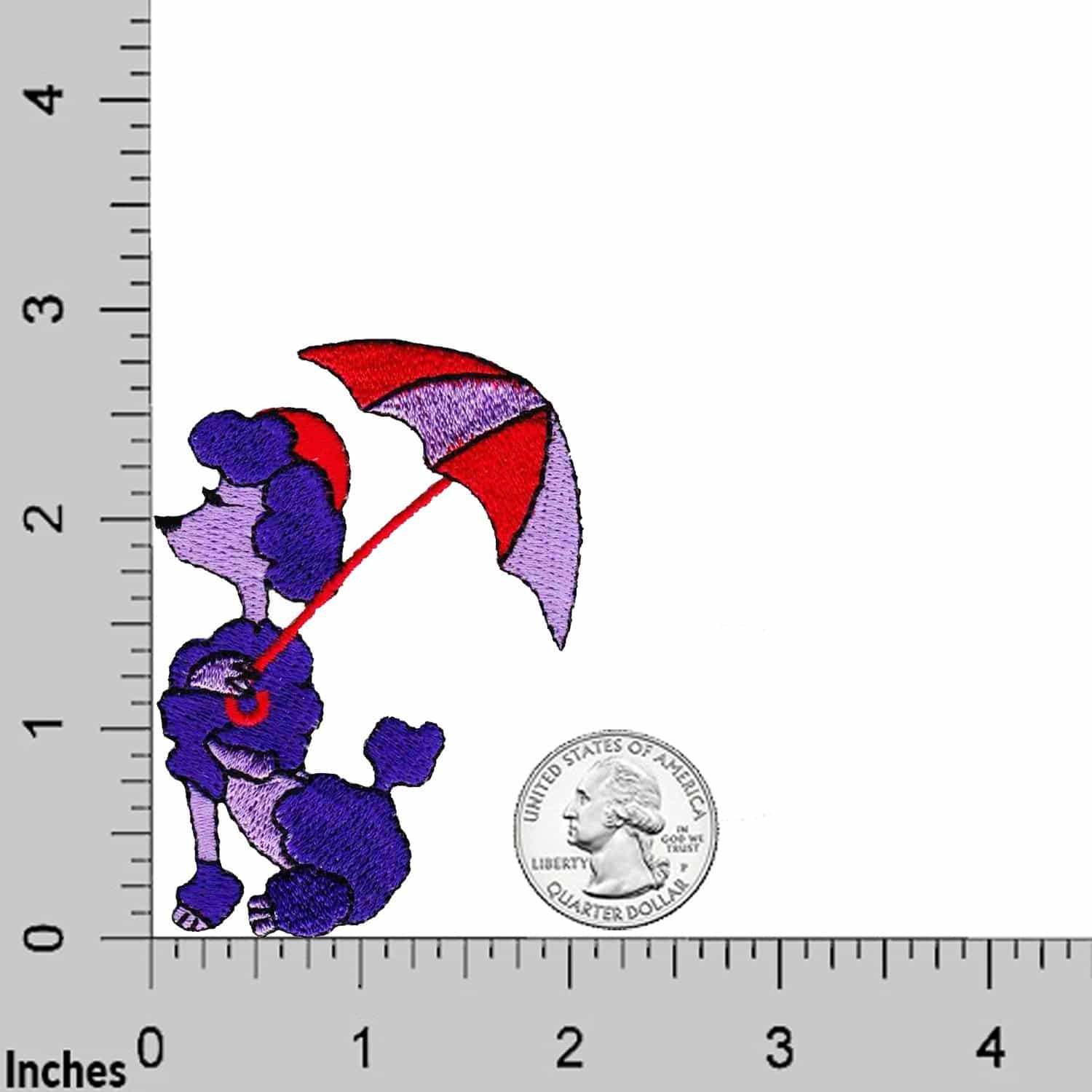 A Poodle Patches (2-Pack) Animal Embroidered Iron On Patch Appliques with an umbrella on a ruler.