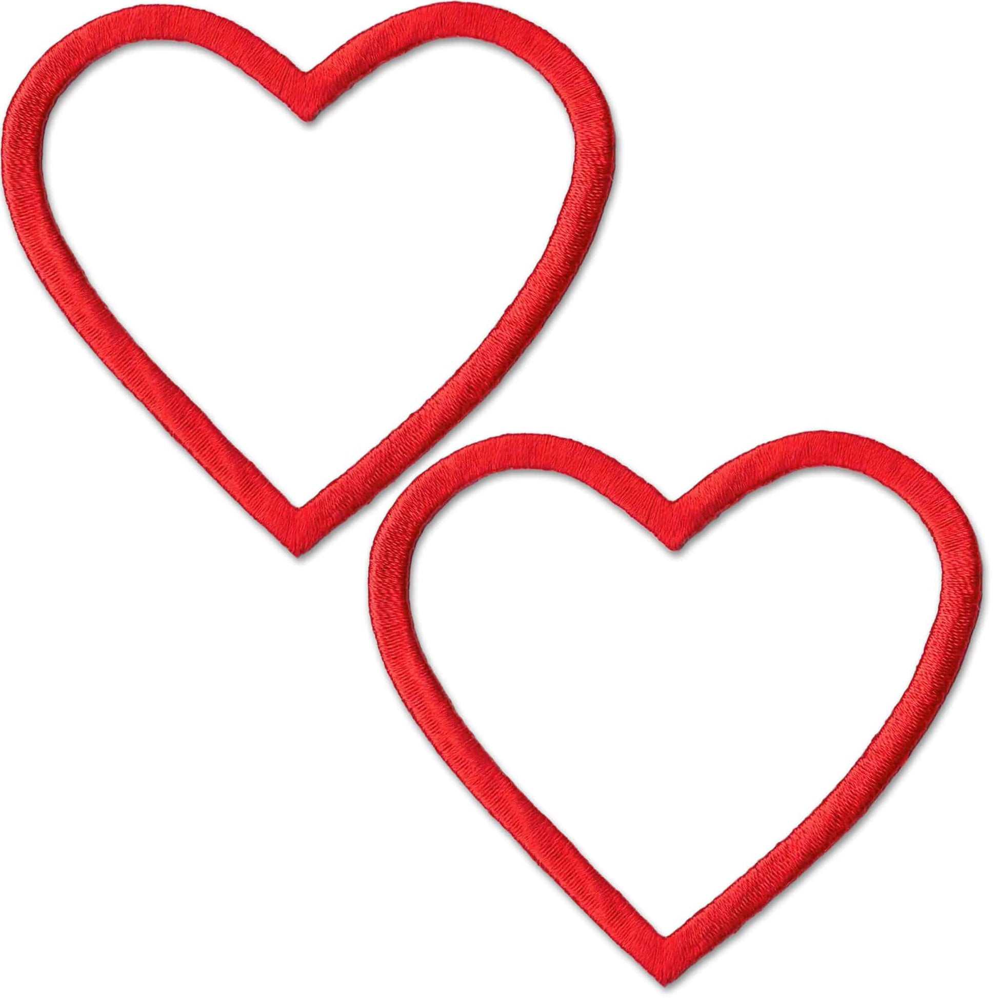 The LaughingLizards Large Red Heart Cutout (2-Pack) Iron On Patch features two overlapping outlined red hearts on a white background, ideal for DIY crafts or as an embroidered patch accessory.