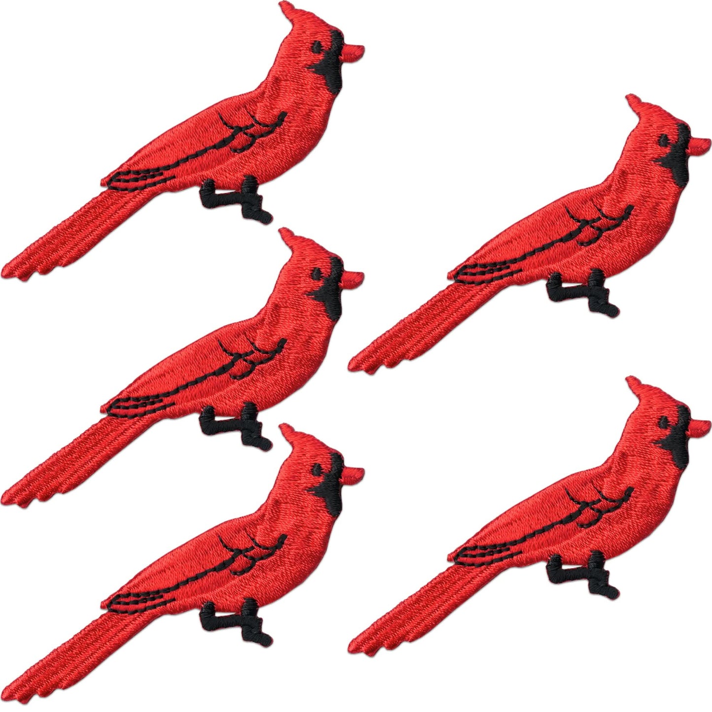 Five identical LaughingLizards Red Cardinal Patches (5-Pack) are arranged on a white background, each embroidered and ideal as an iron-on applique for crafts.