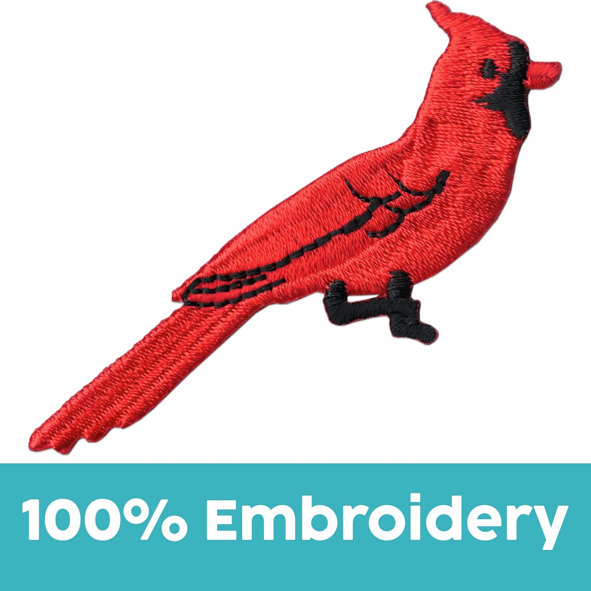 LaughingLizards Red Cardinal Patches (5-Pack) feature bold embroidered birds on a white background above a turquoise "100% Embroidery" bar. These vibrant iron-on appliques add charming color to any outfit or accessory.