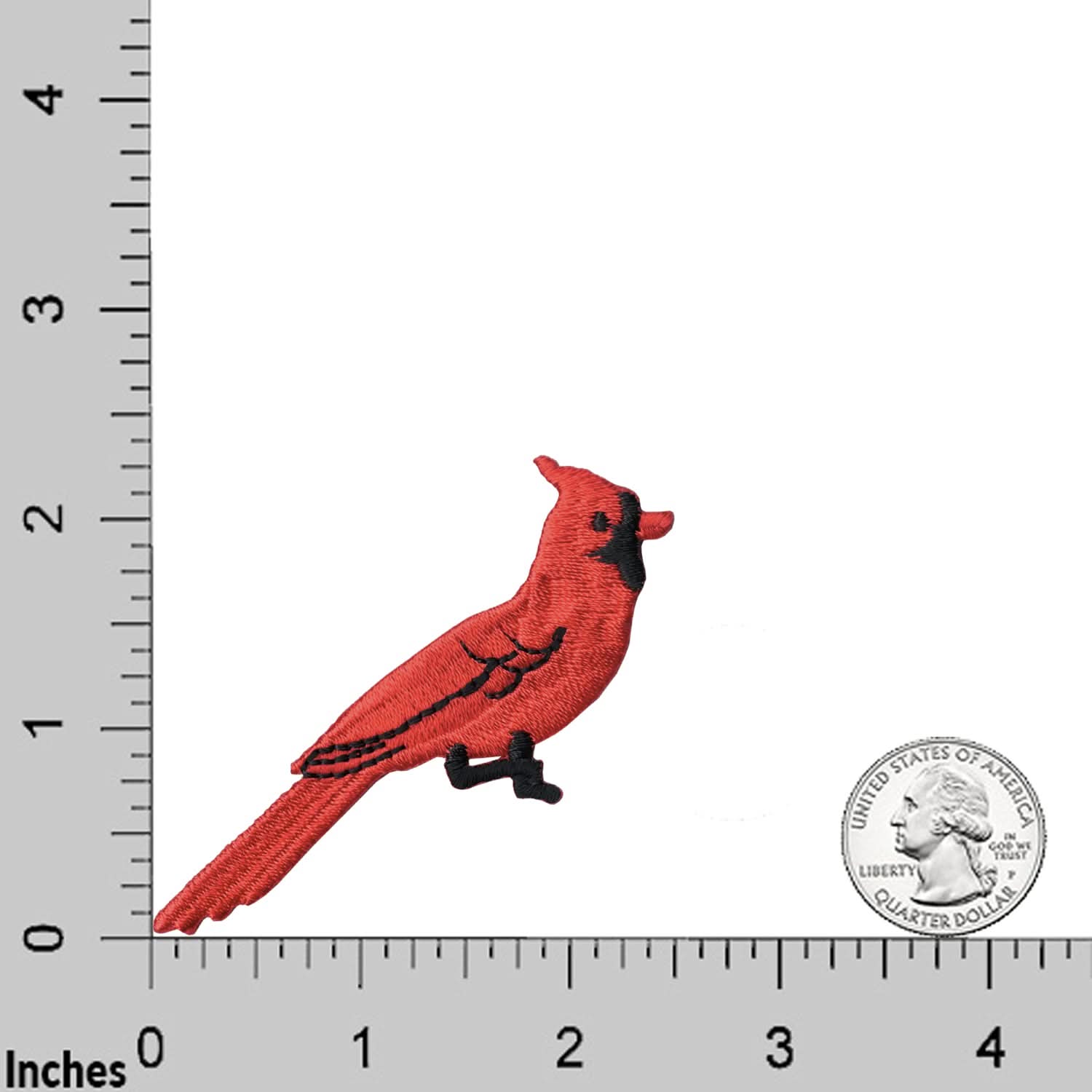 A LaughingLizards Red Cardinal Patch from the 5-pack set is shown beside a U.S. quarter and an inch ruler for size reference, displaying the detailed bird embroidery of these iron-on appliques.