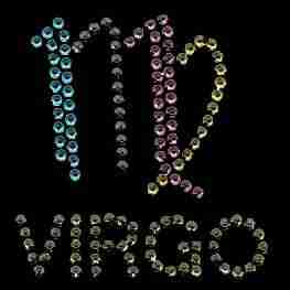 A black background with the Rhinestud Virgo Zodiac Sign Iron On Applique spelled out.