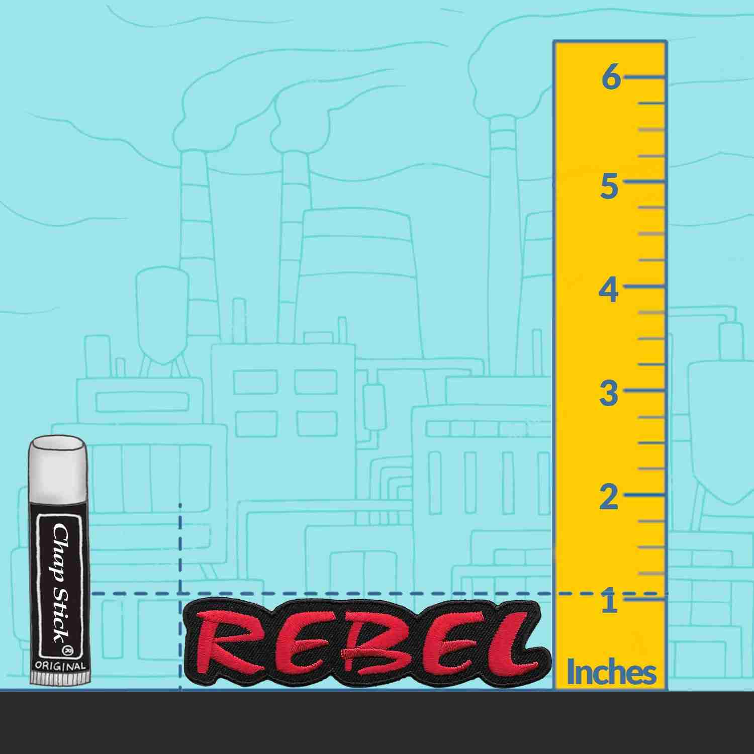 A ruler with the REBEL Iron on Patch next to it.