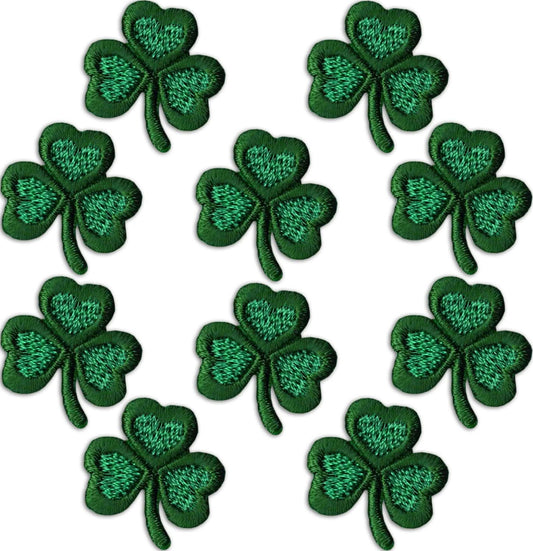 Laughing Lizards Shamrock Patches (10-Pack) feature embroidered green shamrocks on white backgrounds—ideal St. Patrick’s Day appliques or iron-on patches for festive clothing and accessories.