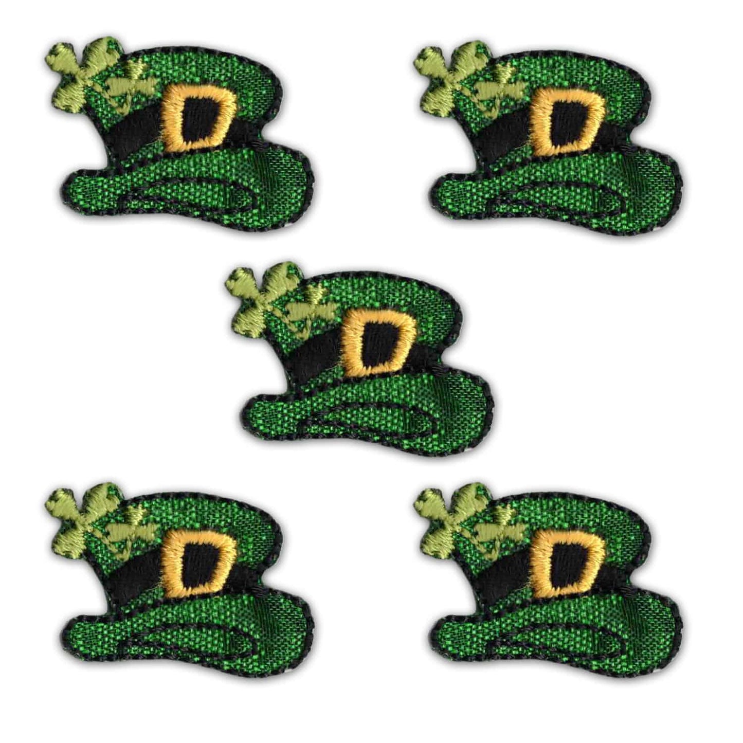 Five Laughing Lizards Leprechaun’s Hat Patches (5-Pack)—small green embroidered iron-on appliques with gold buckles and shamrock details—perfect for St. Patrick's Day decor or crafts, shown on a white background.