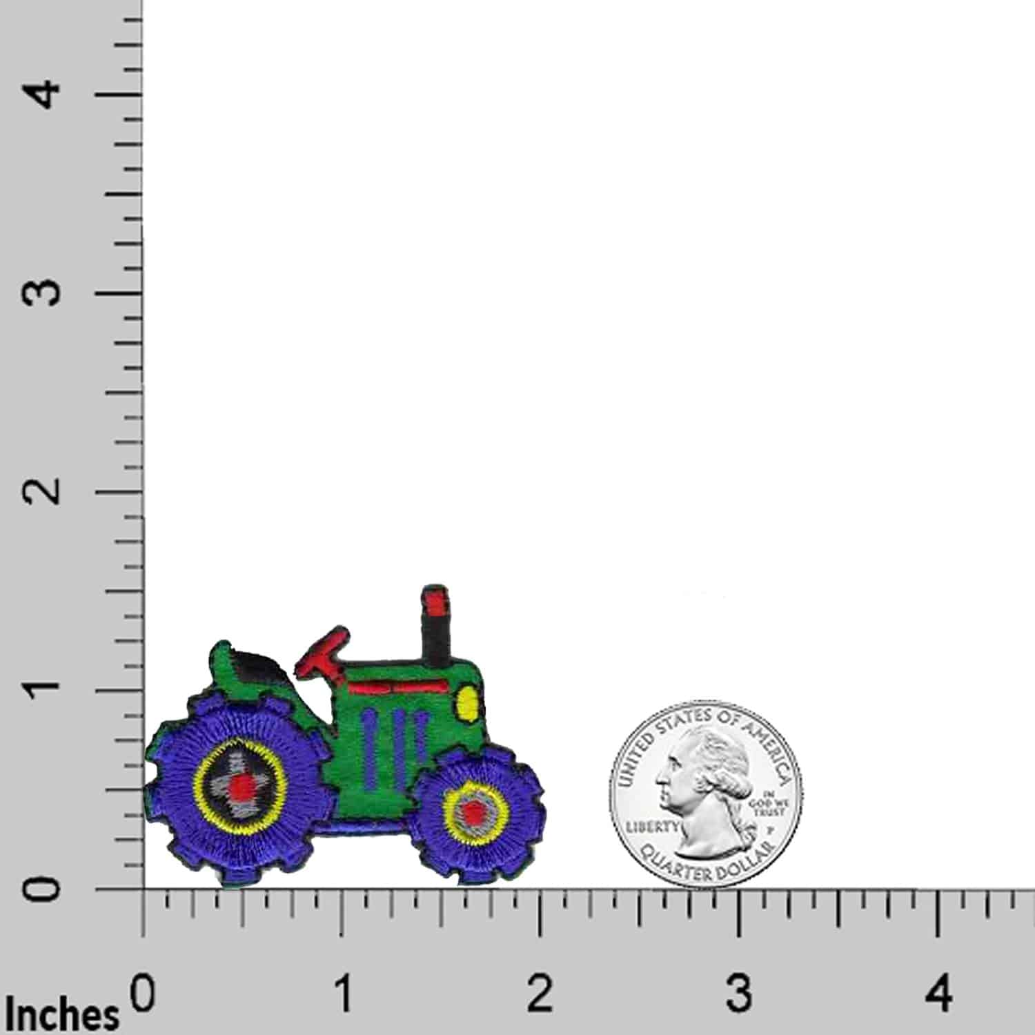 A picture of Tractor Patches (3-Pack) Children Embroidered Iron on Patch Applique with a ruler next to it.
