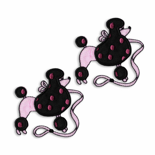 A pair of Poodle Patches (2-Pack) Animal Embroidered Iron on Patch Appliques on a leash.