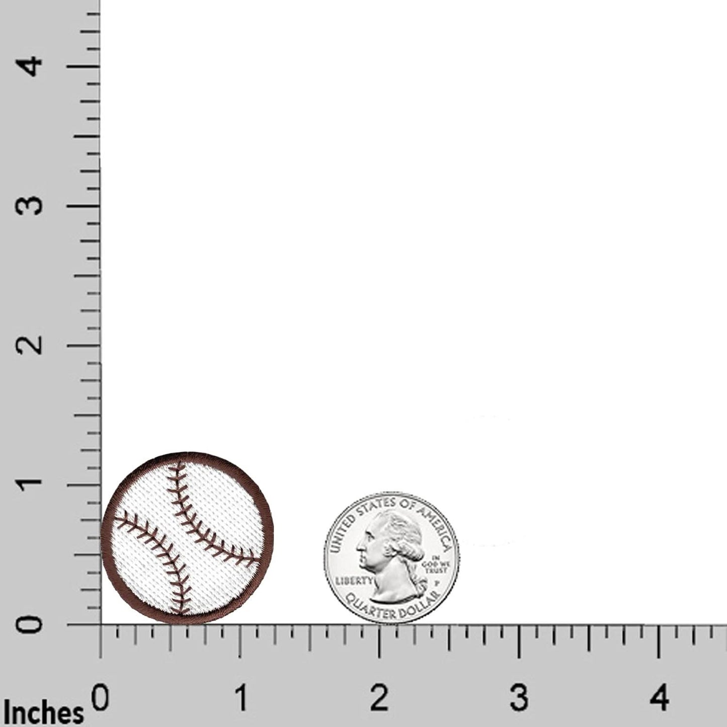 A Baseball Patches (5 Pack) Sports Embroidered Iron On Patch by Laughing Lizards and a US quarter displayed on a grid with inch markings along the bottom and left sides.