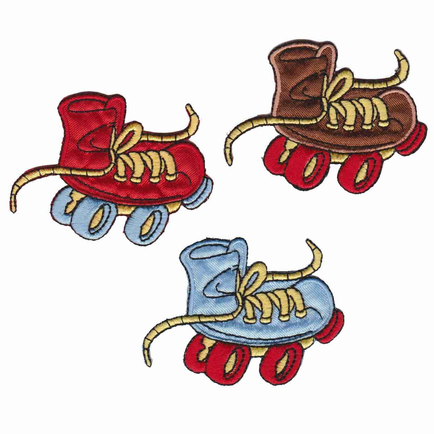 Three pairs of Wacky Roller Skate Light Blue Children's Iron On Patch in different colors.