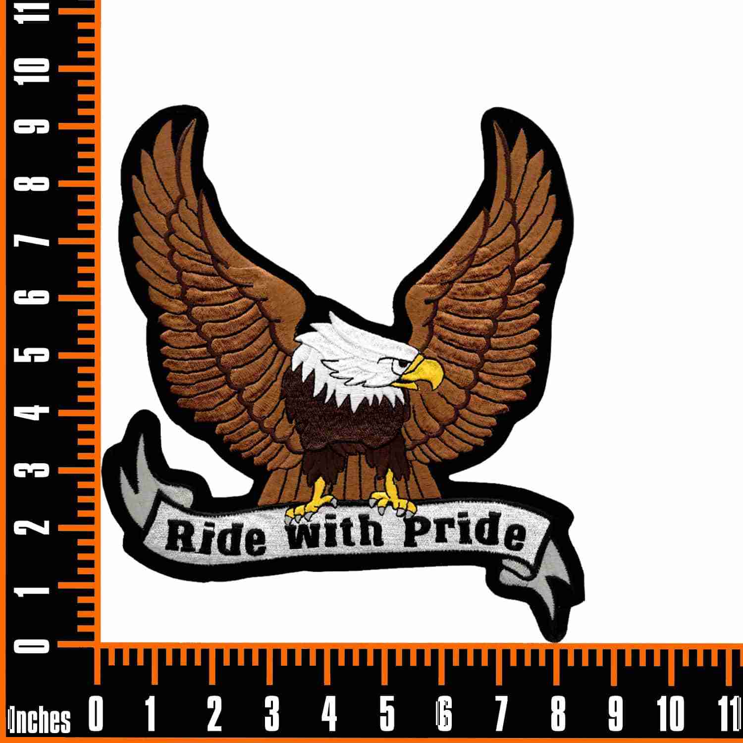 An Hell on Wheels Eagle Backpatch Biker Iron On Patch with pride on a ruler.