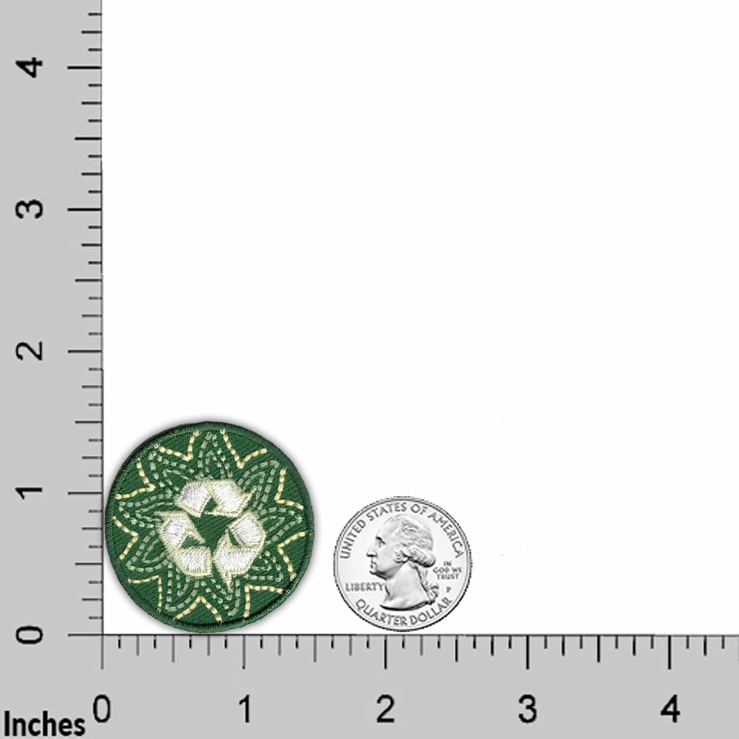 The Laughing Lizards Recycling Round (3-Pack) Ecology Iron On Patch features eco-friendly embroidery with a white recycling symbol, shown beside a U.S. quarter for scale on an inch-marked grid.