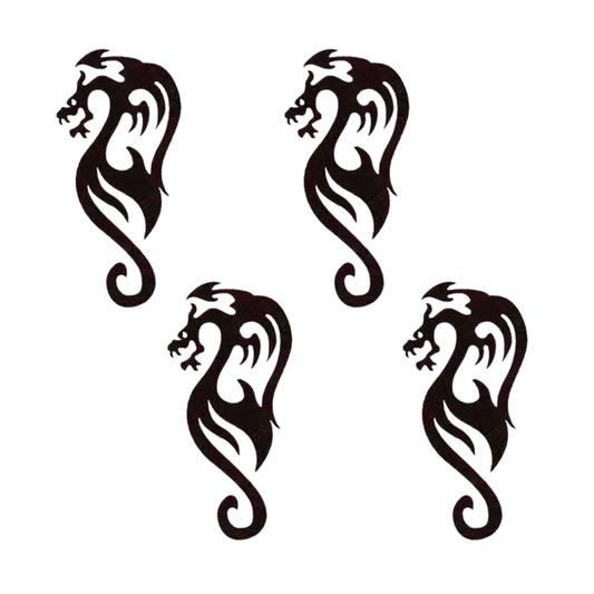 Four Black Silhouette Cutout Dragon Iron On Patches by Laughing Lizards, arranged in a loose cluster on white—perfect for enhancing your renaissance fair costume with bold, tribal-inspired style.