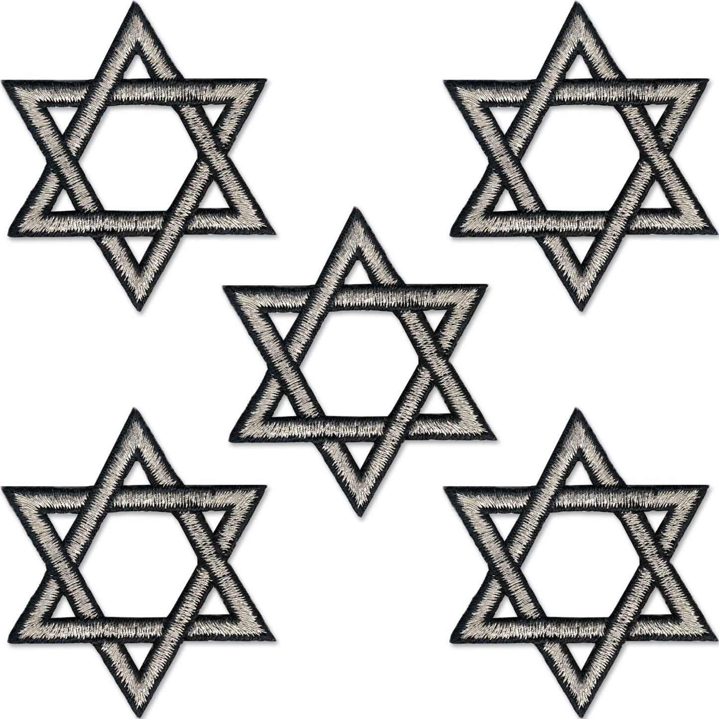 The Laughing Lizards Star Of David Patches (5-Pack) are embroidered iron-on patches, perfect for religious decorations or customizing clothing.