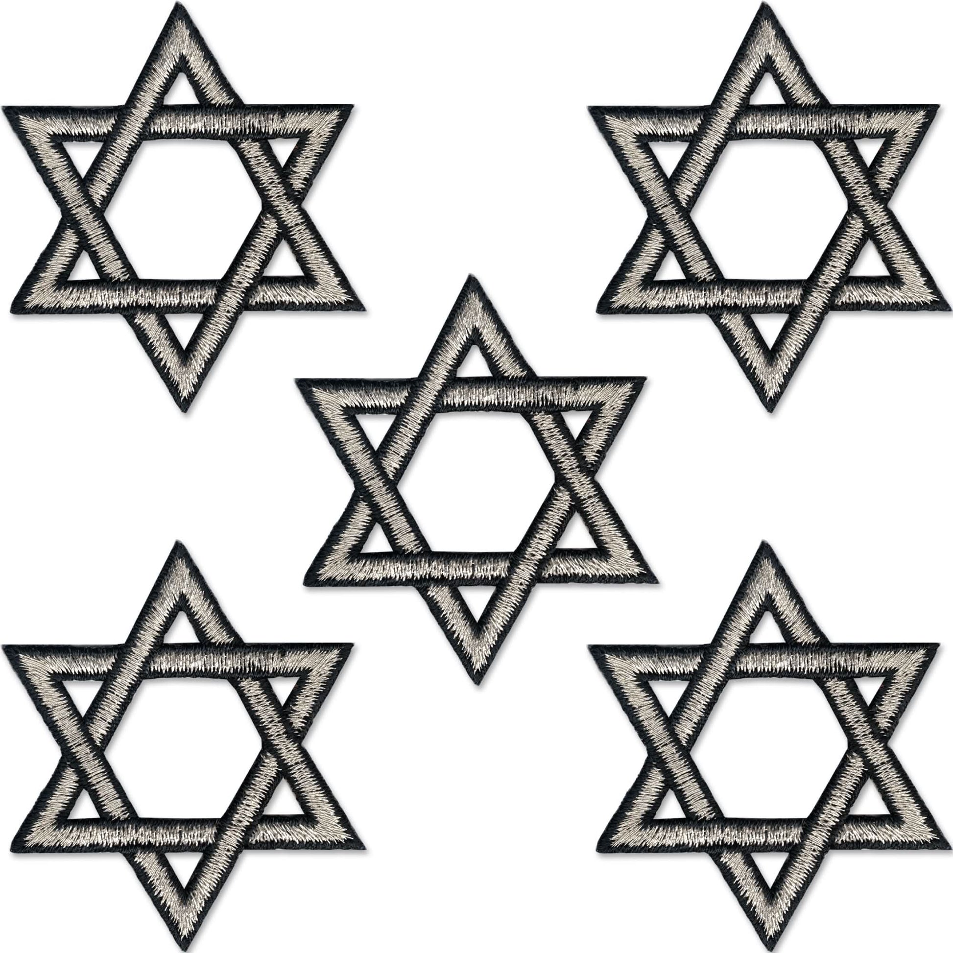The Laughing Lizards Star Of David Patches (5-Pack) are embroidered iron-on patches, perfect for religious decorations or customizing clothing.