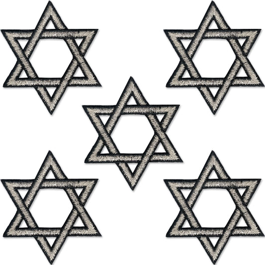 The Laughing Lizards Star Of David Patches (5-Pack) are embroidered iron-on patches, perfect for religious decorations or customizing clothing.