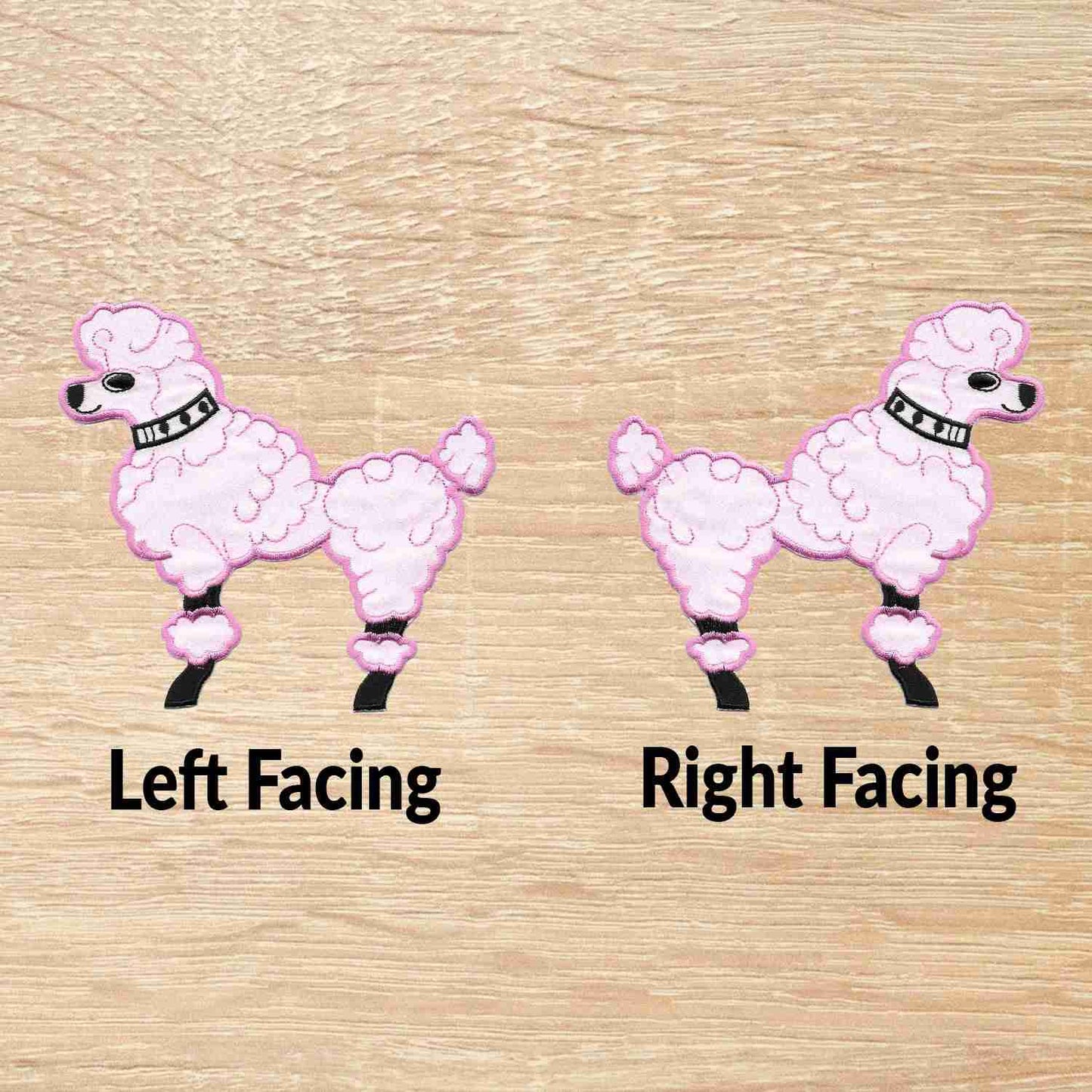 A pair of pink 50's Poodle Embroidered Iron On Patch with the words left facing and right facing.