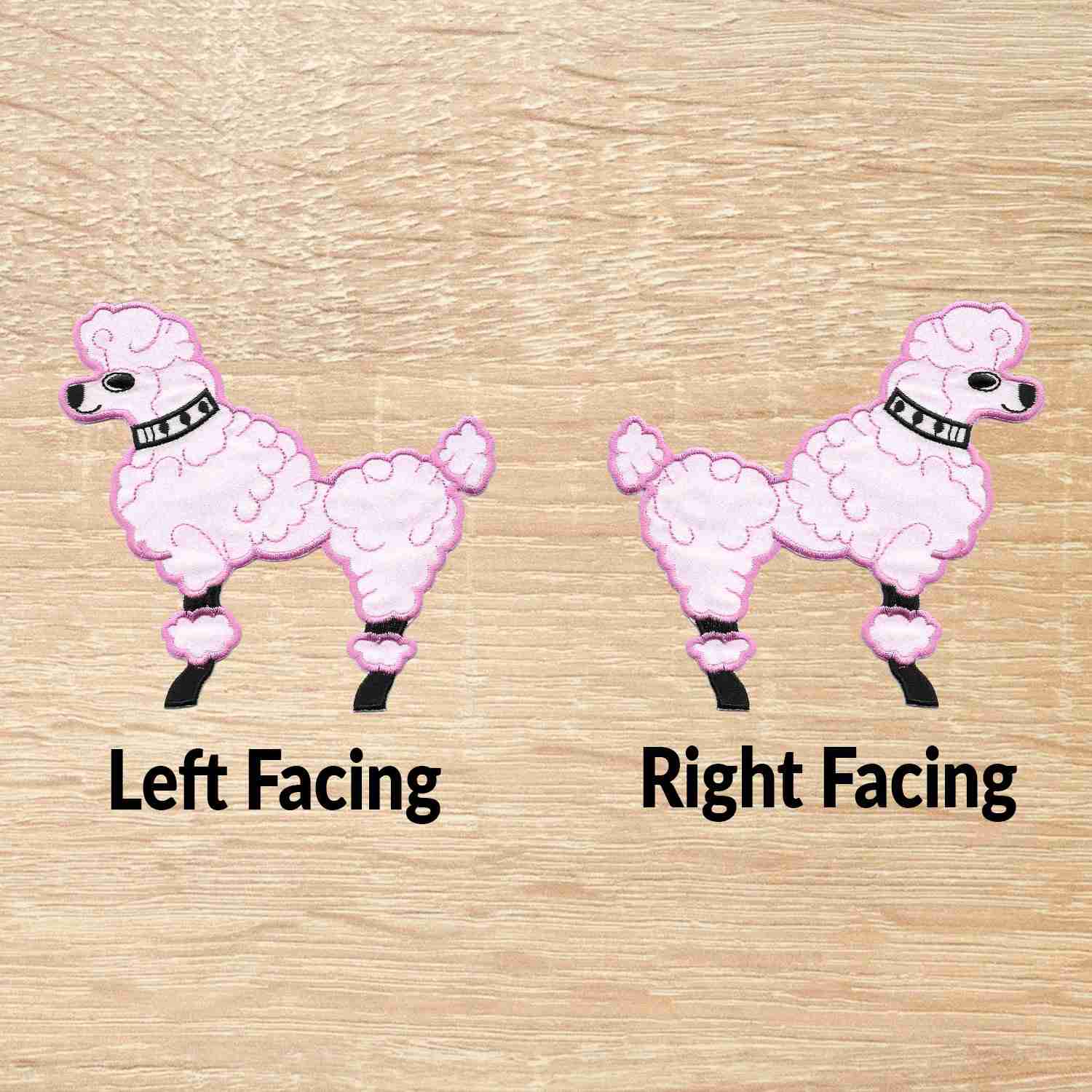 A pair of pink 50's Poodle Embroidered Iron On Patch with the words left facing and right facing.