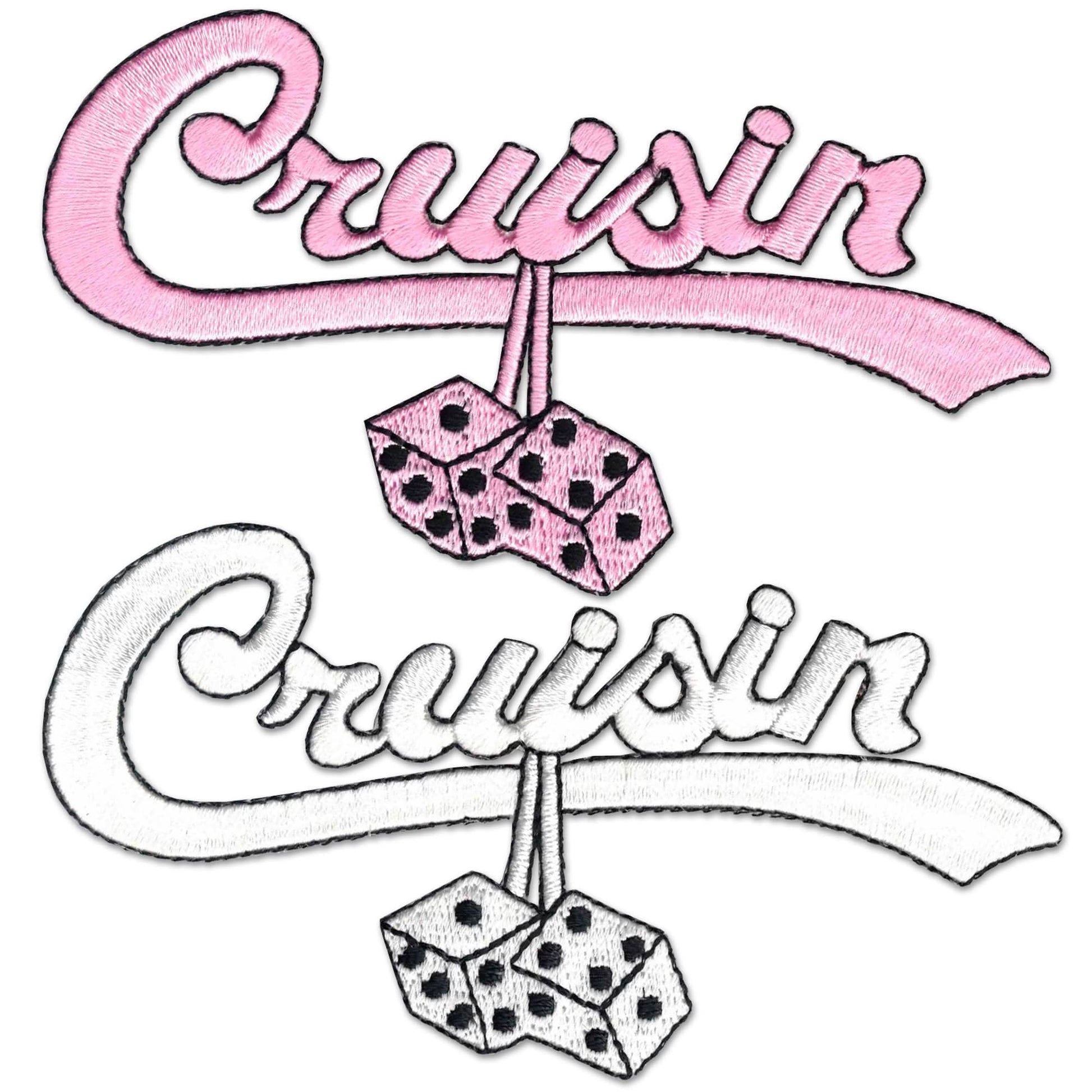 The Laughing Lizards Cruisin Script Patches (2-Pack) features embroidered iron-on appliques in pink and white, perfect for adding a retro 50s–60s accent to your gear or DIY projects.
