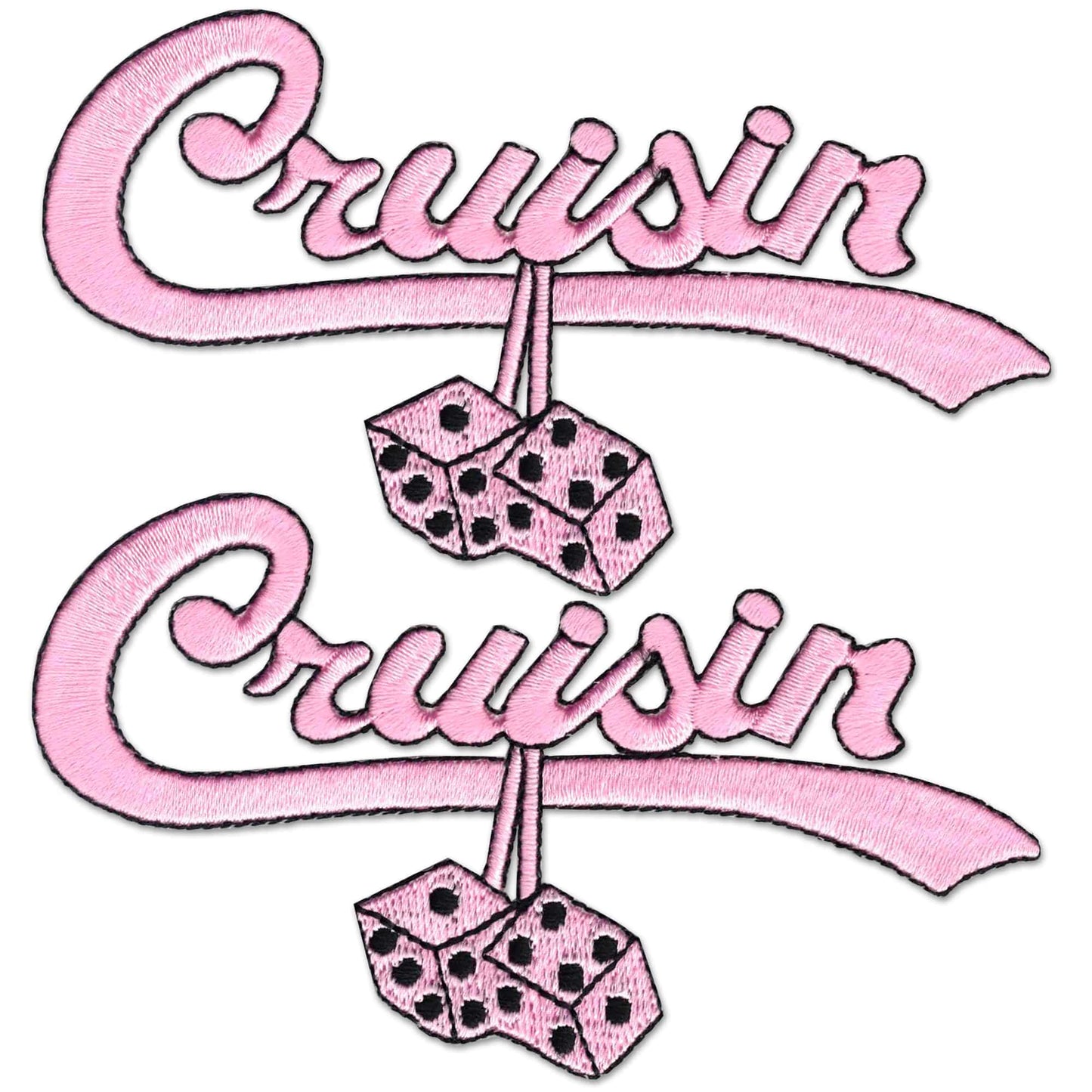 The Laughing Lizards "Cruisin Script Patches Patch" 2-pack features pink embroidered text and fuzzy dice—ideal as 50s or 60s style iron-on appliques for DIY projects and retro flair.