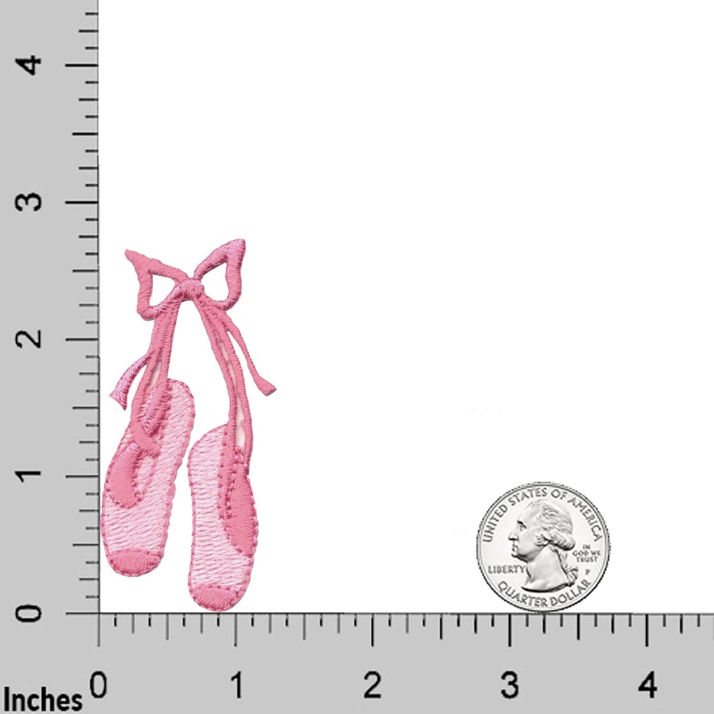 The Laughing Lizards Two-Toned Pink Tied Ballet Toe Shoes Iron On Patch (4-Pack) is shown next to a U.S. quarter and ruler for size—ideal as a ballet applique or decorative patch for your creative projects.