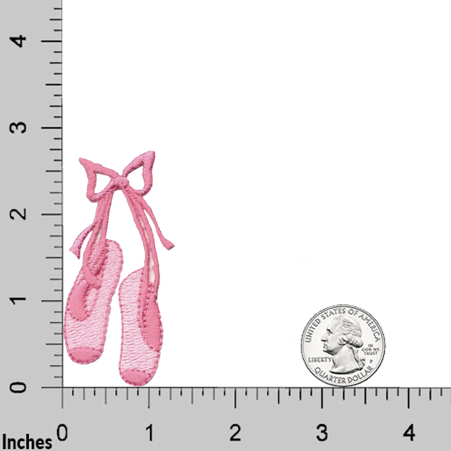 The Laughing Lizards Two-Toned Pink Tied Ballet Toe Shoes Iron On Patch (4-Pack) is shown next to a U.S. quarter and ruler for size—ideal as a ballet applique or decorative patch for your creative projects.