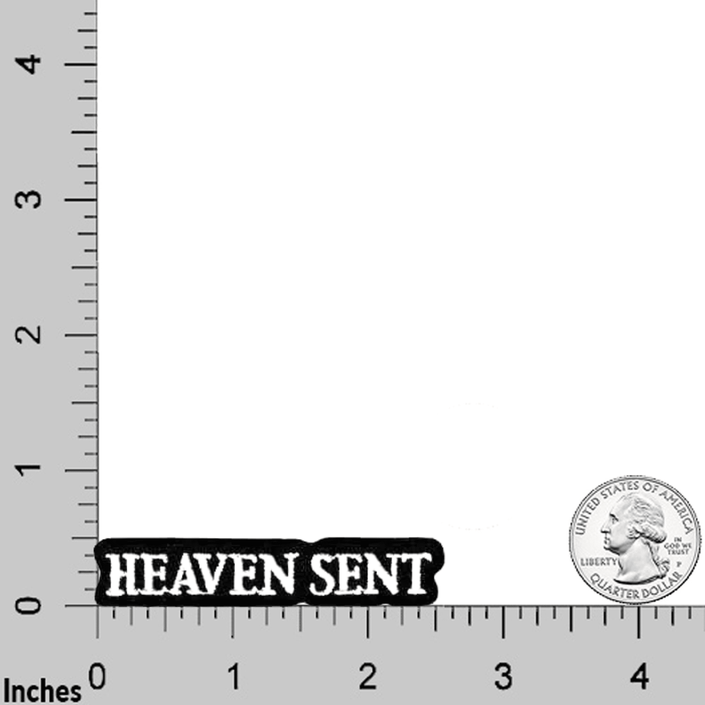 The LaughingLizards HEAVEN SENT Namedrop (3-Pack) Iron On Patch is shown black and white on a grid in inches with a U.S. quarter for scale—ideal for DIY use as an accessory or patch.